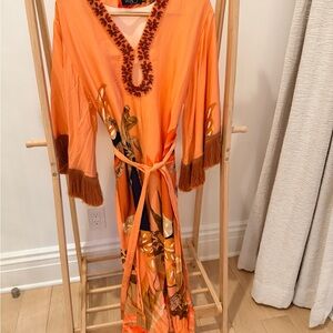 PatBO Orange Beaded Fringe Caftan Dress | Silk V-Neck Resort Maxi | Belted